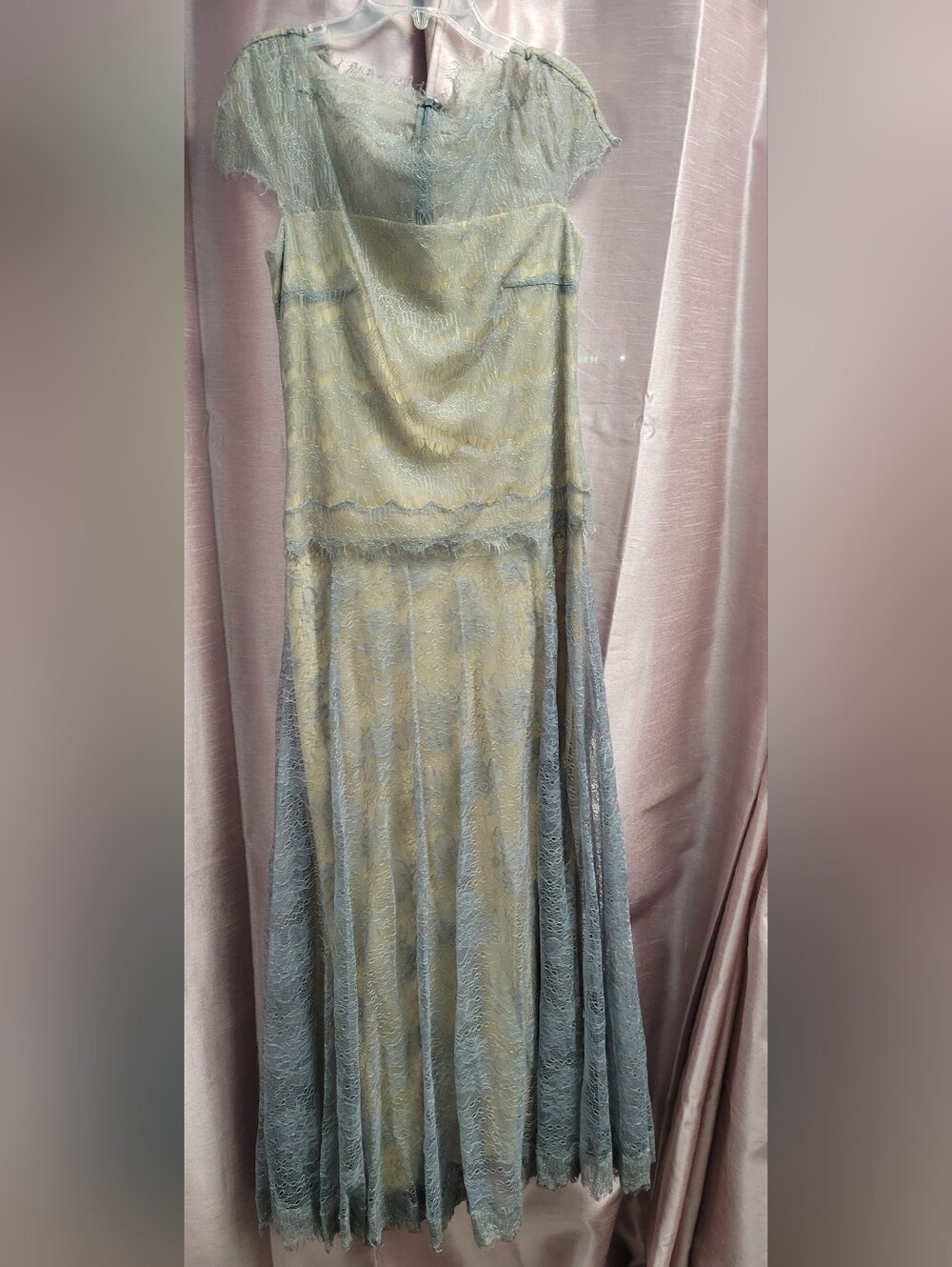 Tadashi Shoji Pale Blue Lace with Champagne Lining Evening Dress